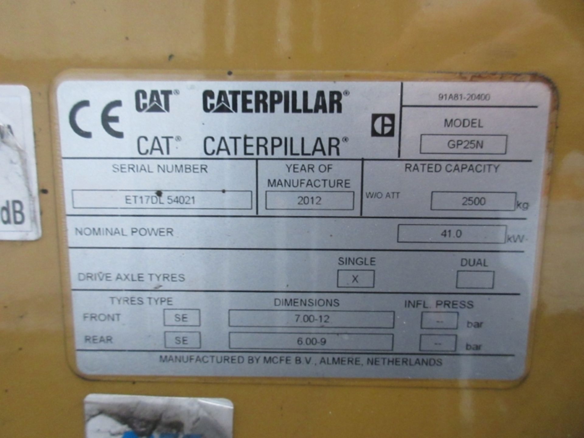 CATERPILLAR GP25N Plant LPG / CNG - VIN: ET17DL54021 - Year: 2012 - 11,388 Hours - Duplex - Image 5 of 7