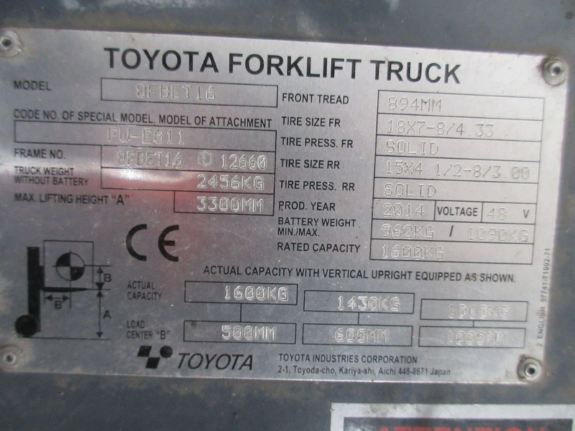 TOYOTA 8FBET16 Plant Electric - VIN: 8FBET16E12660 - Year: 2014 - . Hours - Duplex 3.3M Forklift, - Image 6 of 7