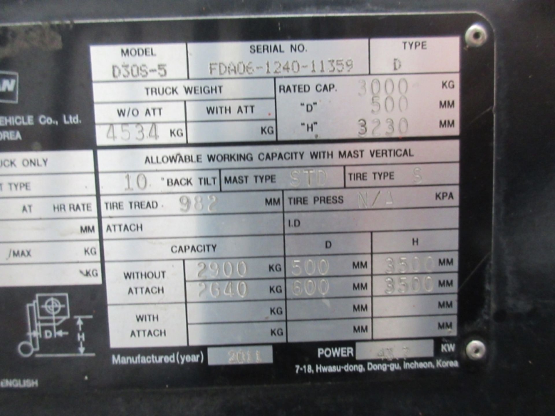 DOOSAN D30S-5 Plant Diesel - VIN: FDA06124011359 - Year: 2011 - 5,175 Hours - Duplex 3.2M - Image 5 of 7