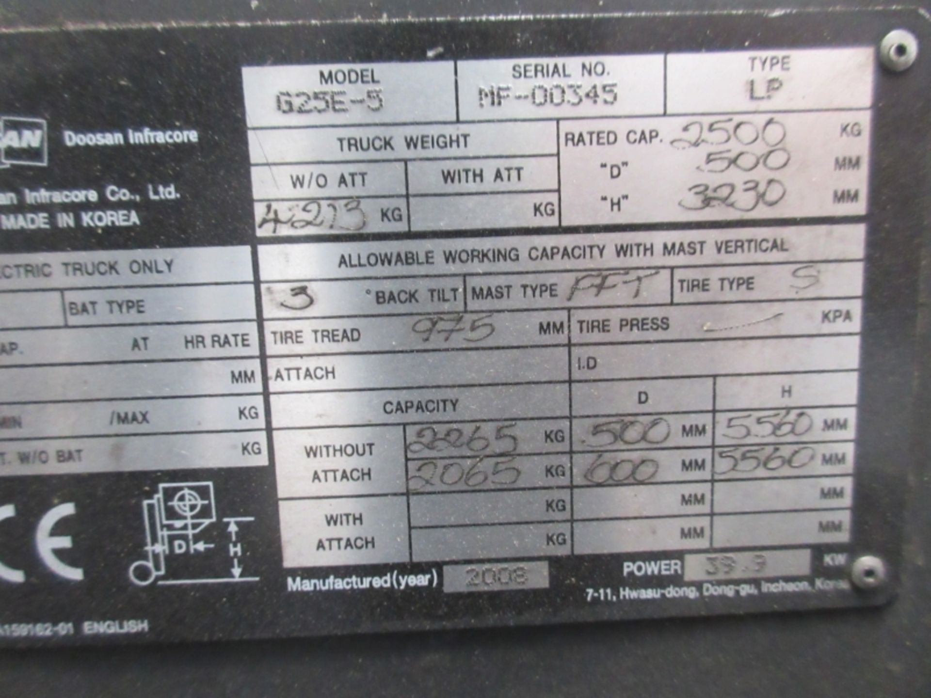 DOOSAN G25E-5 Plant LPG / CNG - VIN: MF00345 - Year: 2008 - . Hours - Triplex 3.2M Forklift, - Image 6 of 7