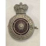 A Middlesex Cyclist Volunteers Glen Darry badge, circa 1880-1901 - an unusual die-stamped, white