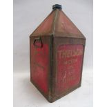 A Thelson Motor Oil five gallon pyramid can.