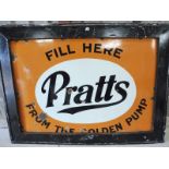 A Pratts 'Fill Here From the Golden Pump' rectangular enamel sign, mounted in a wooden frame, 55 1/2