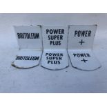 Three small enamel petrol pump brand tags for Power, Power Super Plus and Britoleum.