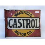 A Wakefield Castrol Motor Oil double sided enamel sign with hanging flange, 19 1/2 x 15 3/4".