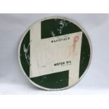 A Wakefield Castrol Motor Oil circular aluminium advertising sign, 23 3/4" diameter.