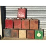 Ten assorted two gallon petrol cans to include Mex Motor Spirit, War Department etc.