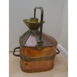 A copper and brass bound five gallon Chekpump, weights and measures type vessel.