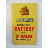 A Lucas Battery painted wooden display sign mounted with a prancing lion motif, 18 x 30".