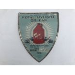 A Royal Daylight Oil can shield-shaped tin advertising sign with central can image, 9 1/4 x 11 1/2".