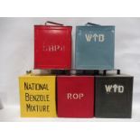 A National Benzole Mixture two gallon petrol can and four others including two War Department.