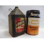 A Newton five gallon drum and an unusual Pure Castor Oil five gallon can.