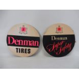 Two circular Denman Tyres cardboard advertising centre discs with fitted brackets to the reverse.