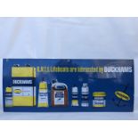 A Duckhams RNLI pictorial enamel sign depicting the various products available, good gloss, 53 1/2 x