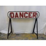 A 'Danger' aluminium road sign, with integral glass reflectors, on a metal two piece stand, ideal