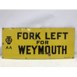 An AA rectangular enamel sign - Fork Left for Weymouth, by Franco Signs, very good gloss, 42 x 18".