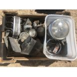 A box of assorted lamps, a calormeter etc.