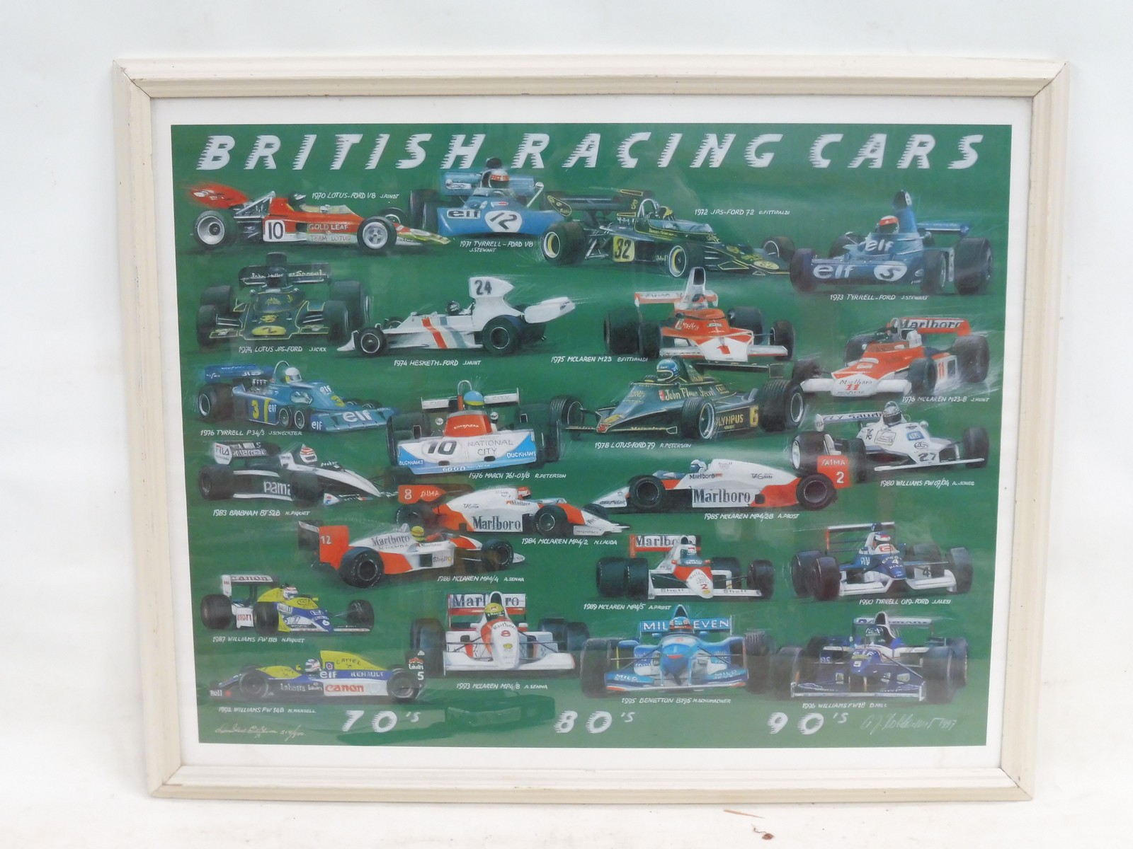 A framed and glazed limited edition print of British racing cars between 1970 and 1996, no. 514/900,