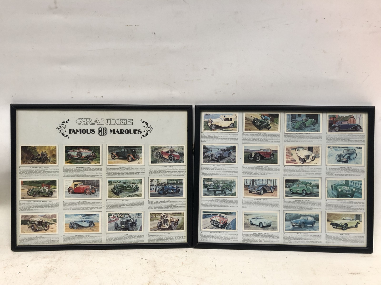 A series of 28 Grandee trade cards depicting famous MG models, mounted in two frames.