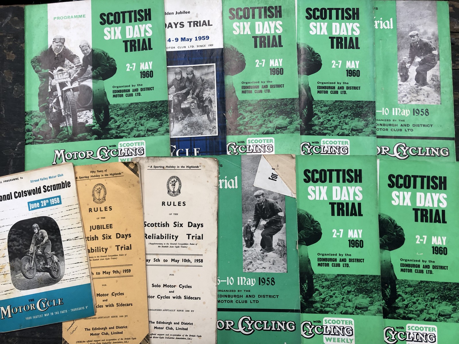 A small selection of Scottish trials programmes, two Scottish six day Reliability Trial rules sheets
