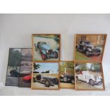 A set of five framed pictures of various motor cars including a Vauxhall 30-98, Delage etc. also two