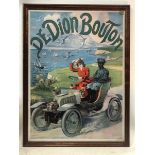 A framed and glazed poster advertising the De Dion Bouton, depicting a lady driving her car with her
