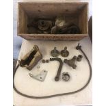 A box of used components, many to suit Frazer Nash, including steering arms, drive parts, pillar