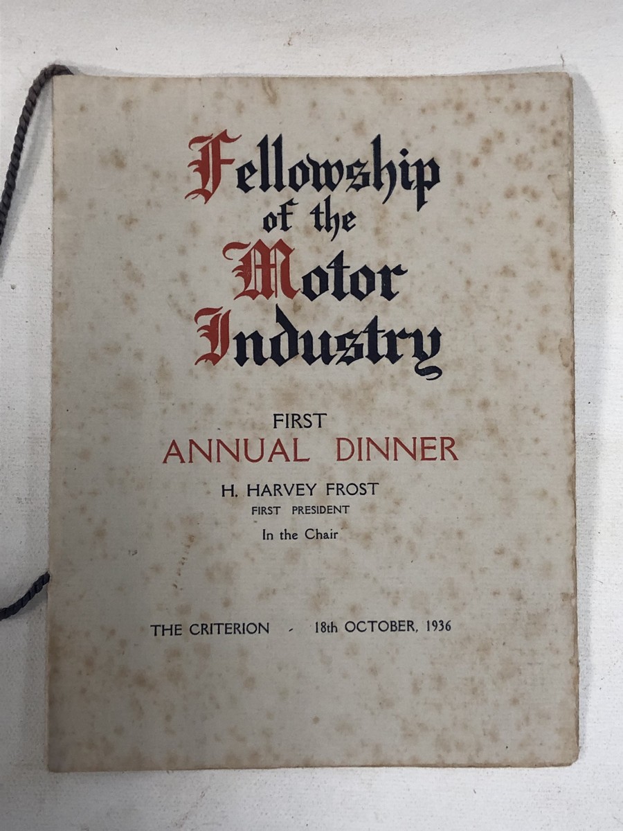 A Fellowship of The Motor Industry First Annual Dinner, October 1936, with signatures on the back