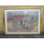 A large framed and glazed print AFTER GEO HAM depicting two Bugattis racing, 42 1/2 x 30 1/2".