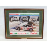 A framed and glazed World Championship Rally photograph signed by three drivers, all rallying with a