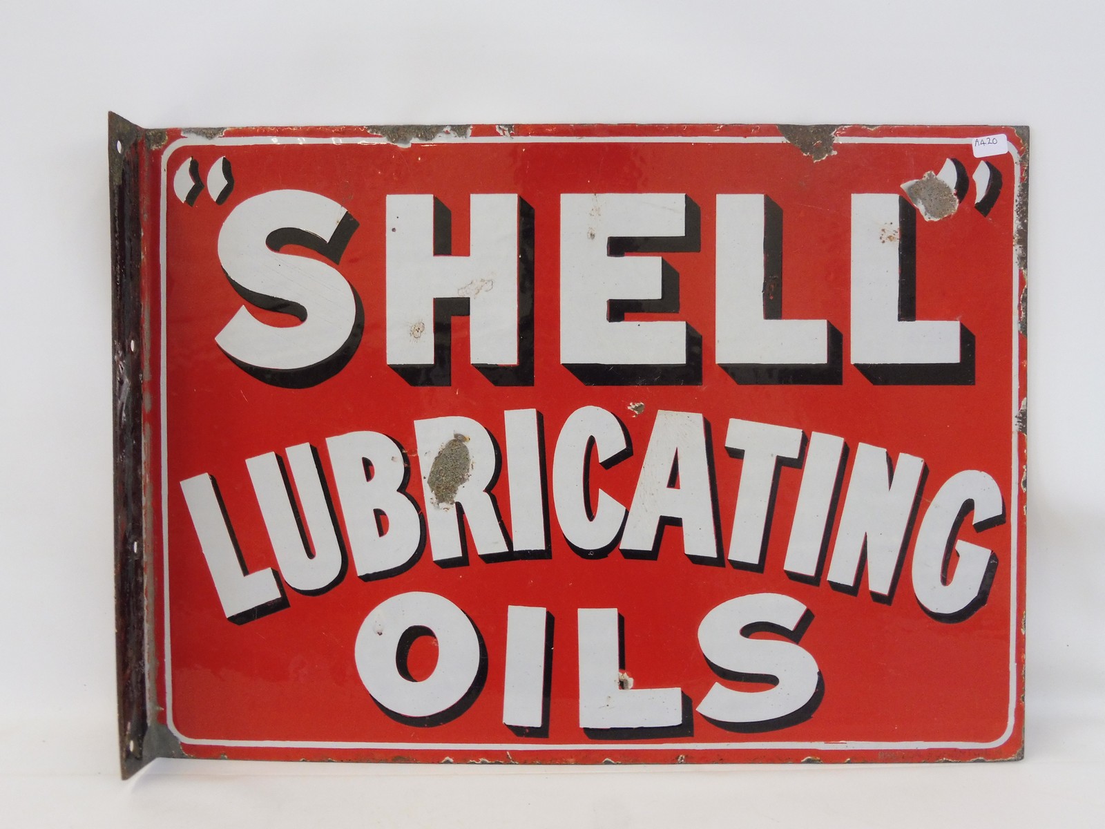 A Shell Lubricating Oils double sided enamel sign with hanging flange, in very good condition