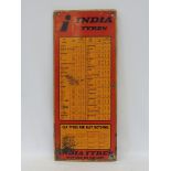 An India Tyres tin tyre pressure chart sign mounted on board, featuring various marques of cars