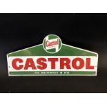 A Castrol Motor Oil double sided tin pediment sign from an oil bottle trolley/rack.