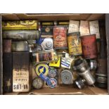 A tray of mixed automobilia tins, packaging etc.