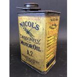 A rare Nicol's Dragonfly Motor Oil rectangular quart can.