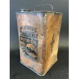 A rare Moebius 'Challenge' Motor Oil square gallon can with image of a veteran car to the front.