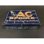 An AC Sphinx Plugs rectangular lidded tin, in good condition.