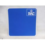 A contemporary RAC perspex advertising sign, 24 x 24" and a Thelson Oils five gallon pyramid can.