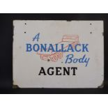 A rectangular double sided enamel sign advertising Bonallack Bodywork, with an image of a flatbed