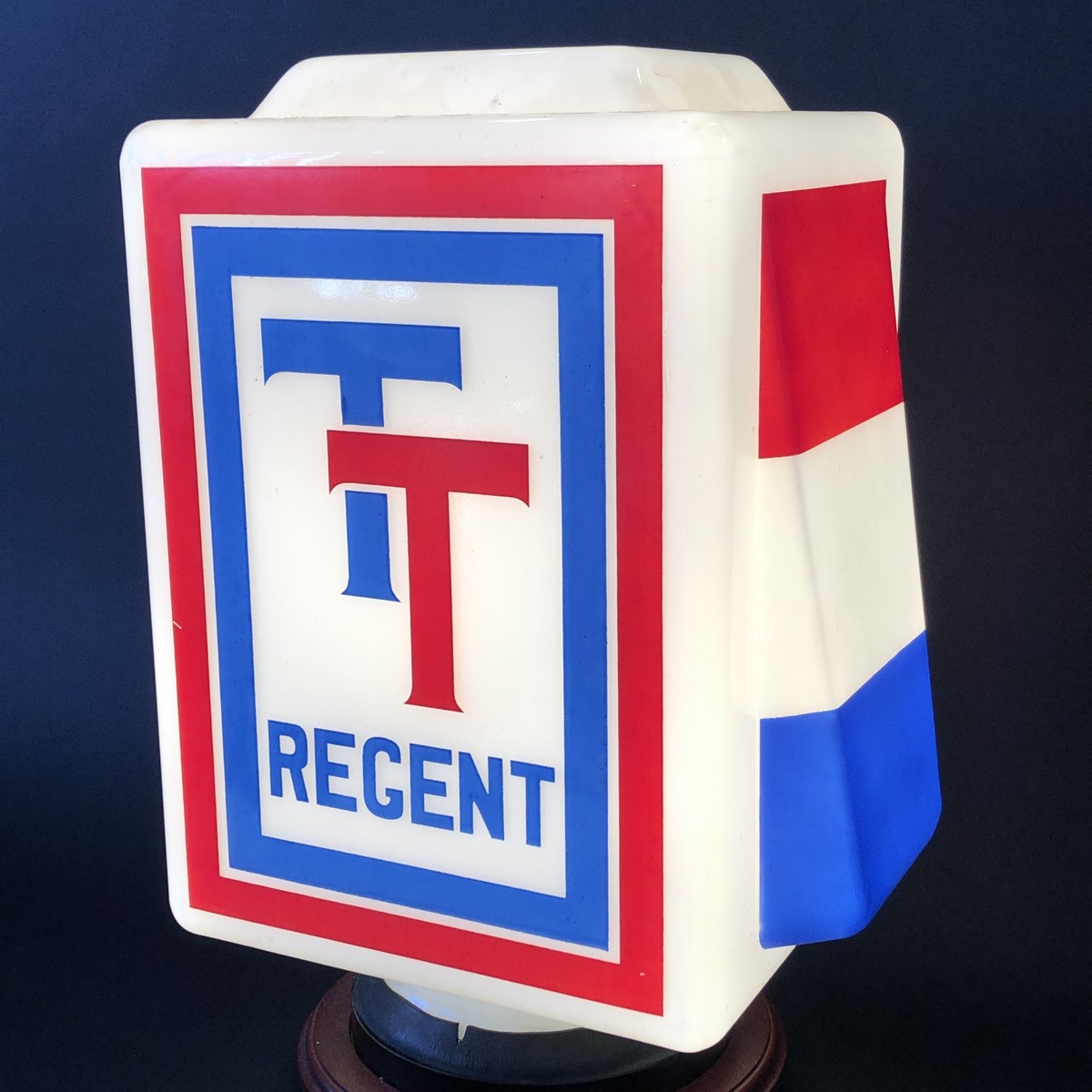 A rare Regent TT glass petrol pump globe dated December 1957, excellent condition.