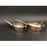 A Kayes Patent polished copper oiler with unusual lift-up lid, marked to the base with