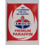 An Amoco Premium Paraffin double sided advertising sign with small flange, 8 1/2 x 10 1/2".