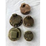 Five unusual two gallon petrol can caps including one marked SR and a small version Shell.