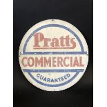 A Pratts Commercial Guaranteed circular aluminium sign for a petrol pump or cabinet, 14" diameter.