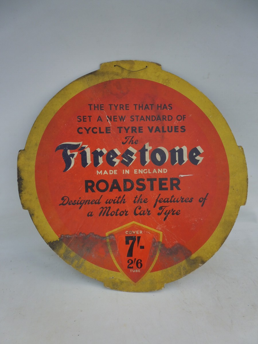 A Firestone Roadster cardboard advertising sign, 25 x 25".