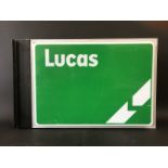 A Lucas rectangular double sided wall mounted lightbox, 28 1/2" wide x 18" high x 5 3/4" deep.