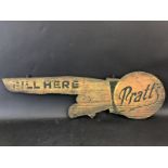 An early Pratt's 'Fill Here' directional pointing finger double sided wooden sign, 39 1/4 x 11 1/2".