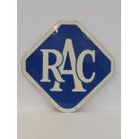 An RAC lozenge shaped double sided enamel sign by Bruton, in near mint condition, 22 1/2 x 22".