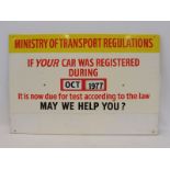 A Ministry of Transport Regulations tin advertising sign with date calendar to the centre, 30 x 20".