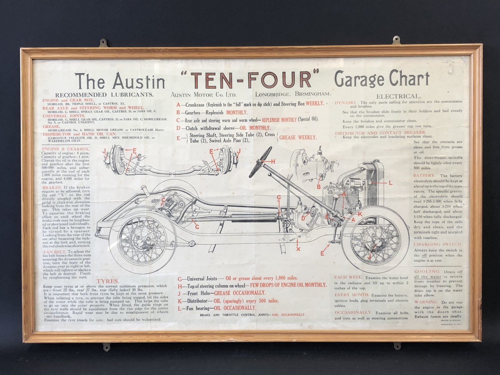 A large framed and glazed original Austin 10/4 garage chart, publication no. 1074, 41 1/2 x 26 3/